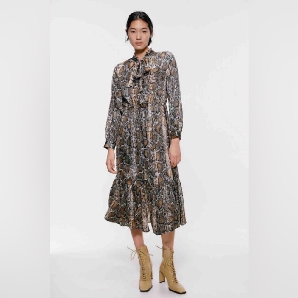 Zara Snake-Print Midi Dress in Brown and Black